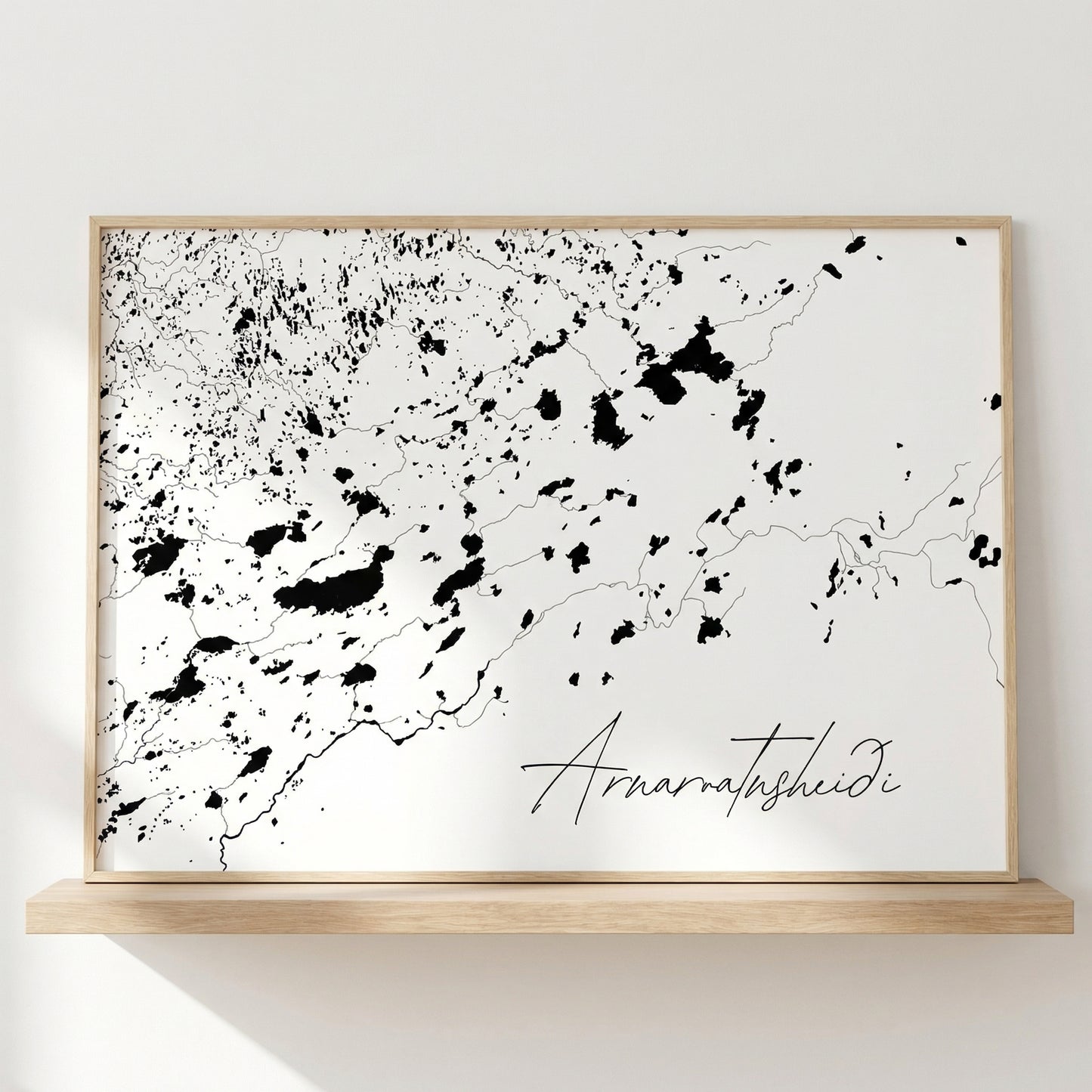 Arnarvatnsheiði Iceland landscape art print in oak frame – minimalist line artwork – nordic home decor wall – Veidislod