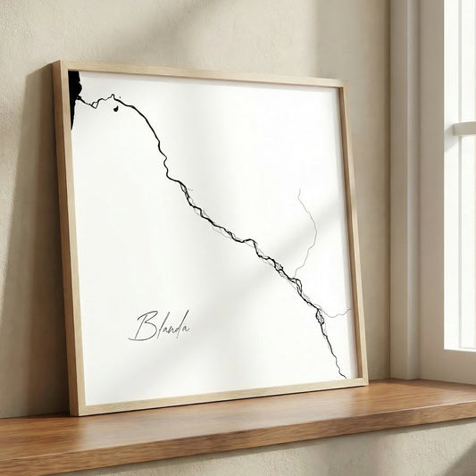 Blanda Iceland river art print in oak frame – minimalist wall art line drawing – clean studio mockup – Veidislod