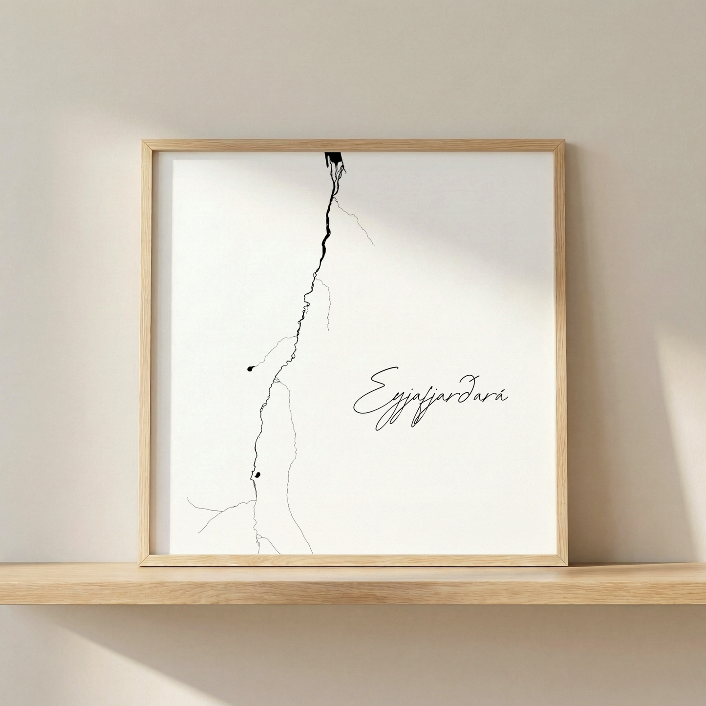 Eyjafjarðará Iceland river art print in oak frame – minimalist wall art line drawing – scandinavian home styling – Veidislod