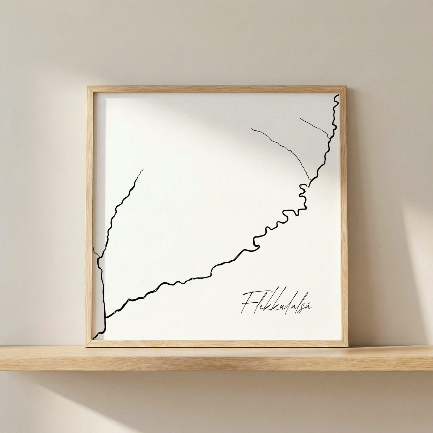 Flekkudalsá Iceland river art print in oak frame – minimalist line drawing wall decor – nordic living space – Veidislod