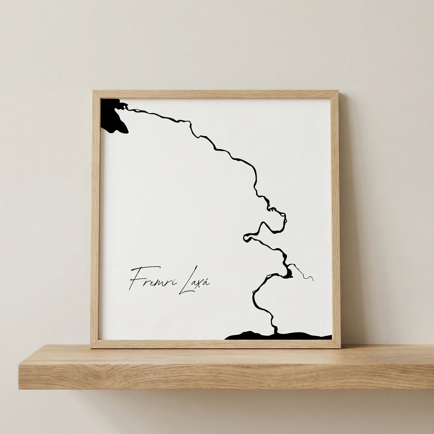 Fremri Laxá Iceland salmon river art print in oak frame – minimalist line drawing wall art – nordic interior design – Veidislod