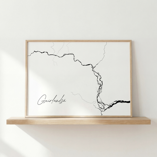 Geirlandsá Iceland river art print in oak frame – minimalist river line art – neutral home styling – Veidislod