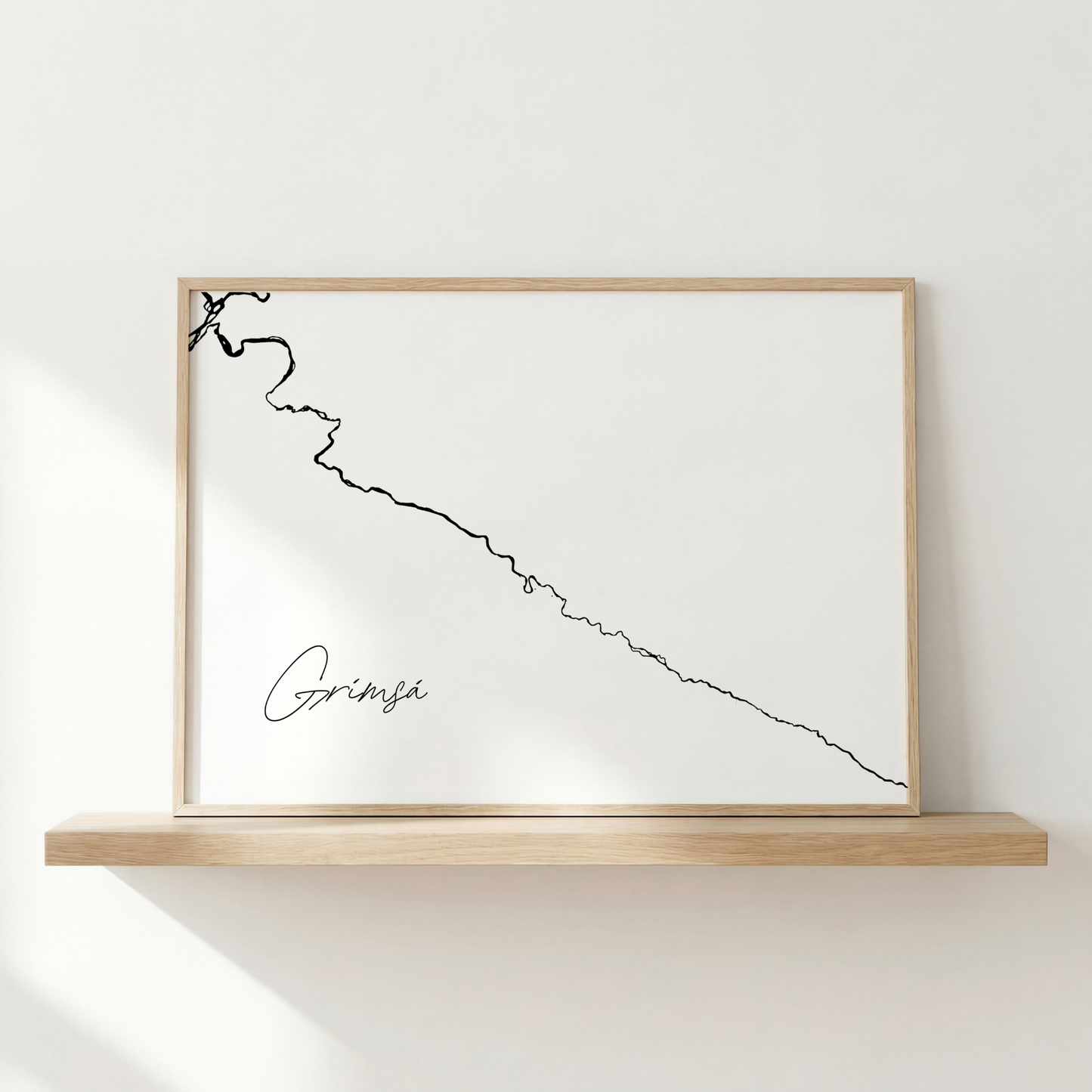 Grímsá Iceland salmon river art print in oak frame – minimalist river line artwork – nordic home decor – Veidislod