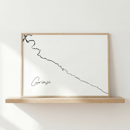 Grímsá Iceland salmon river art print in oak frame – minimalist river line artwork – nordic home decor – Veidislod