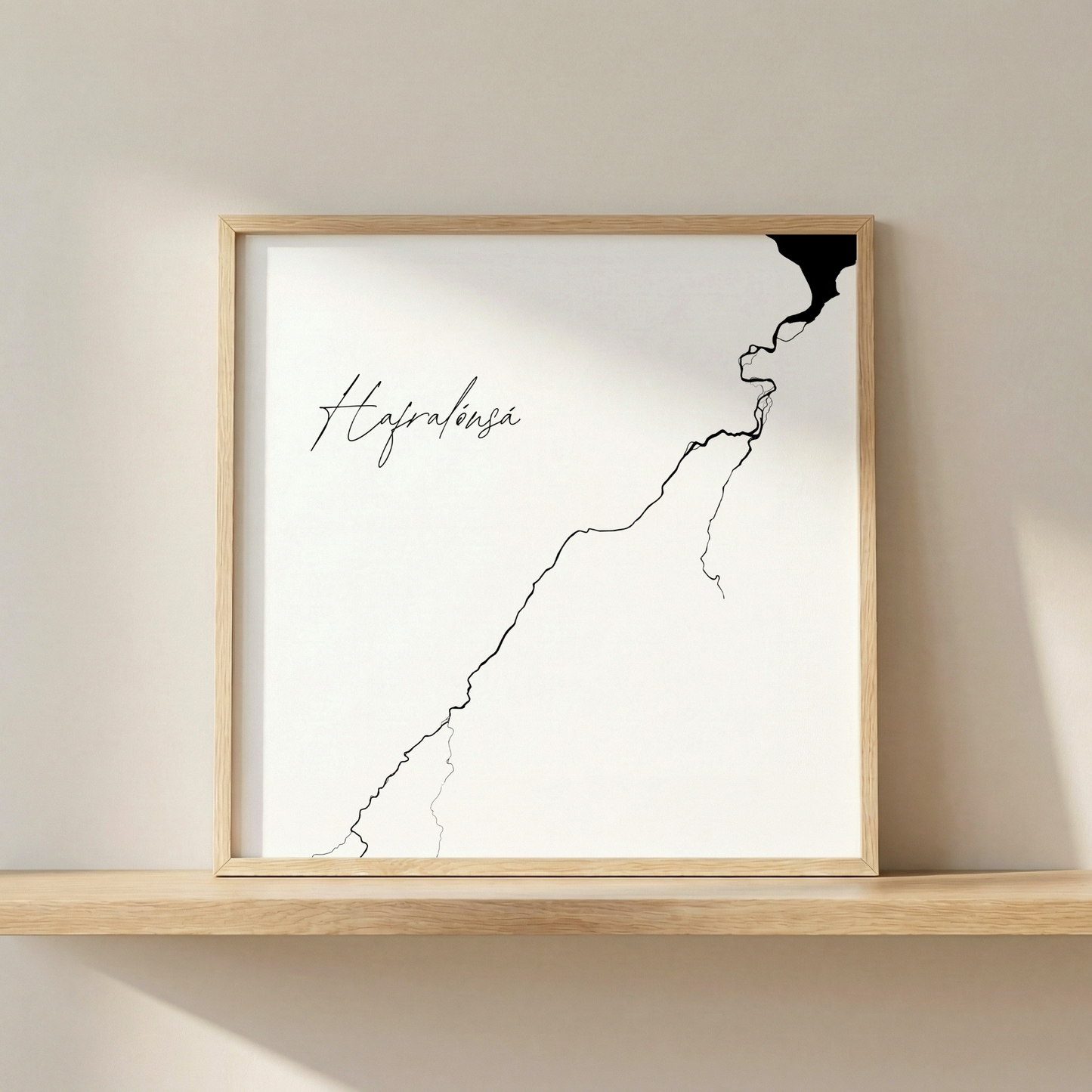 Hafralónsá Iceland river art print in oak frame – minimalist line art wall decor – nordic styling – Veidislod