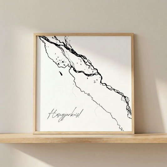 Húseyjarkvísl Iceland river art print in oak frame – minimalist river artwork – clean nordic wall – Veidislod