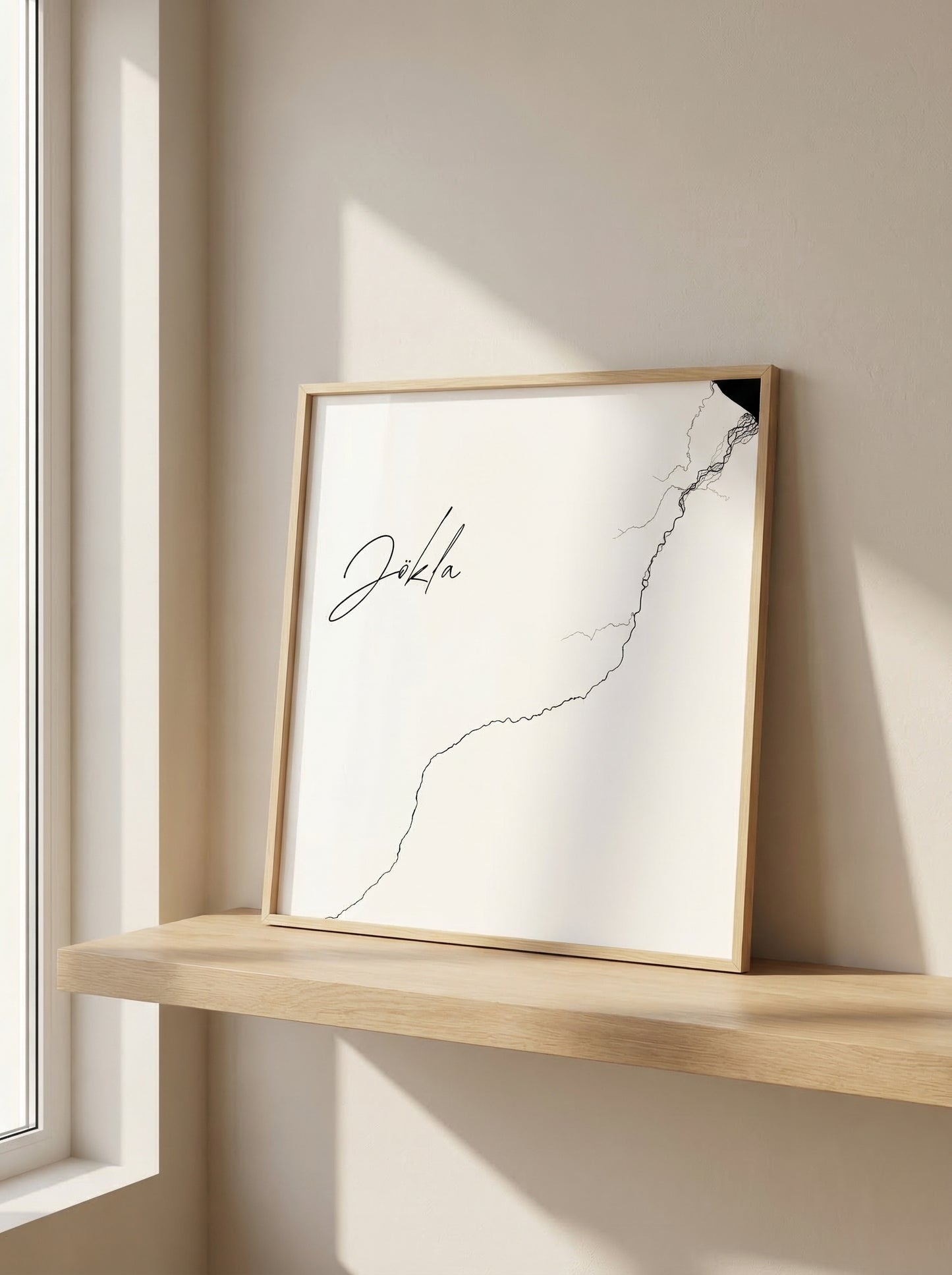 Jökla Iceland river art print in oak frame – minimalist river line drawing – scandinavian interior design – Veidislod