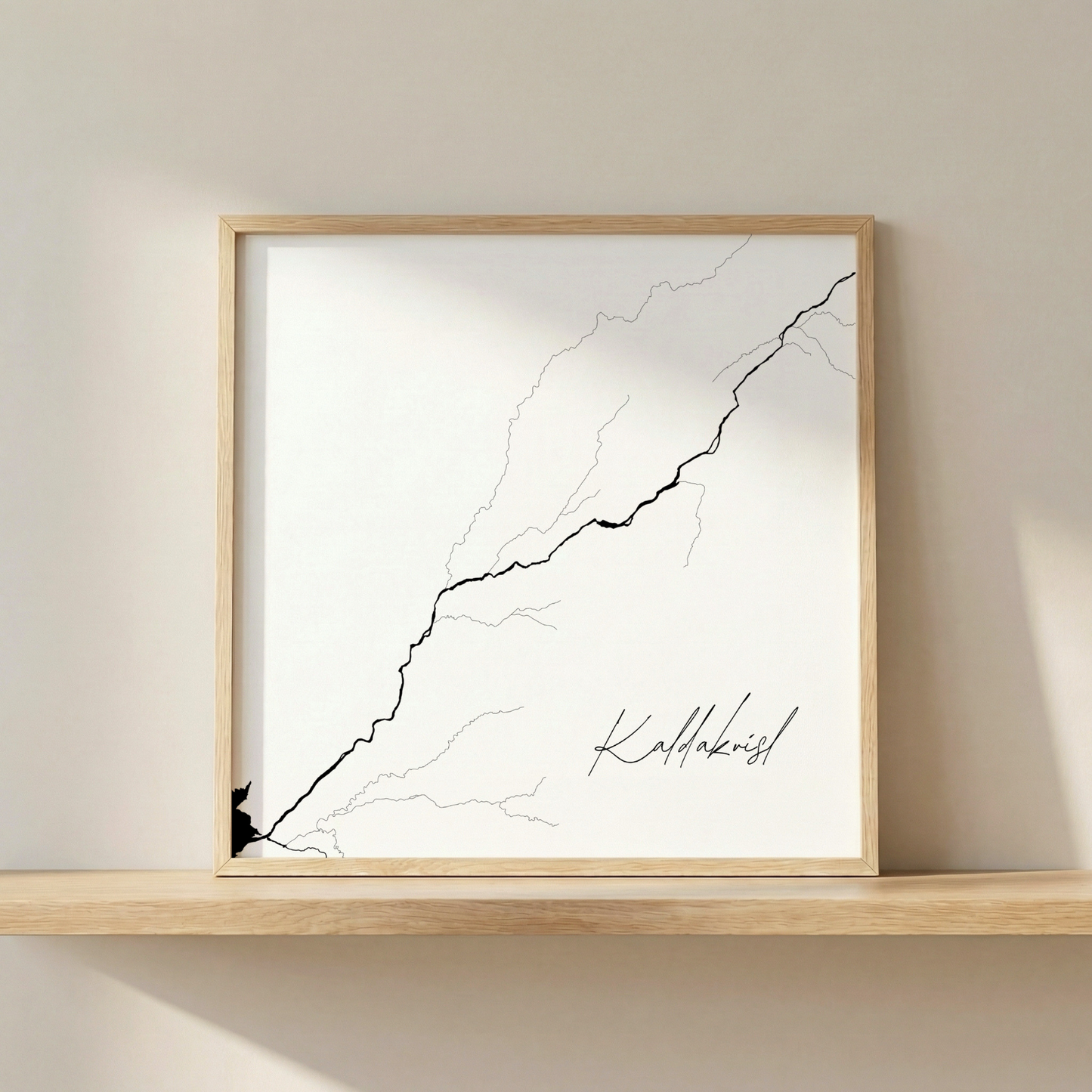 Kaldakvísl Iceland river art print in oak frame – minimalist line art wall decor – nordic home styling – Veidislod