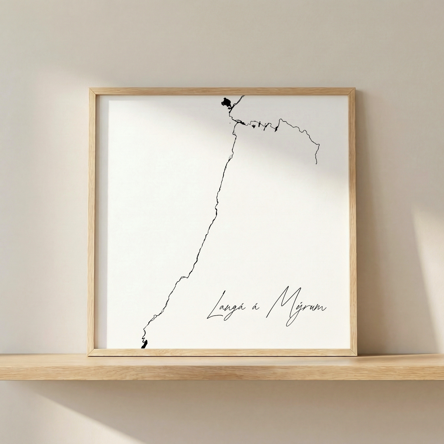 Langá á Mýrum Iceland salmon river art print in oak frame – minimalist wall art line drawing – nordic interior – Veidislod