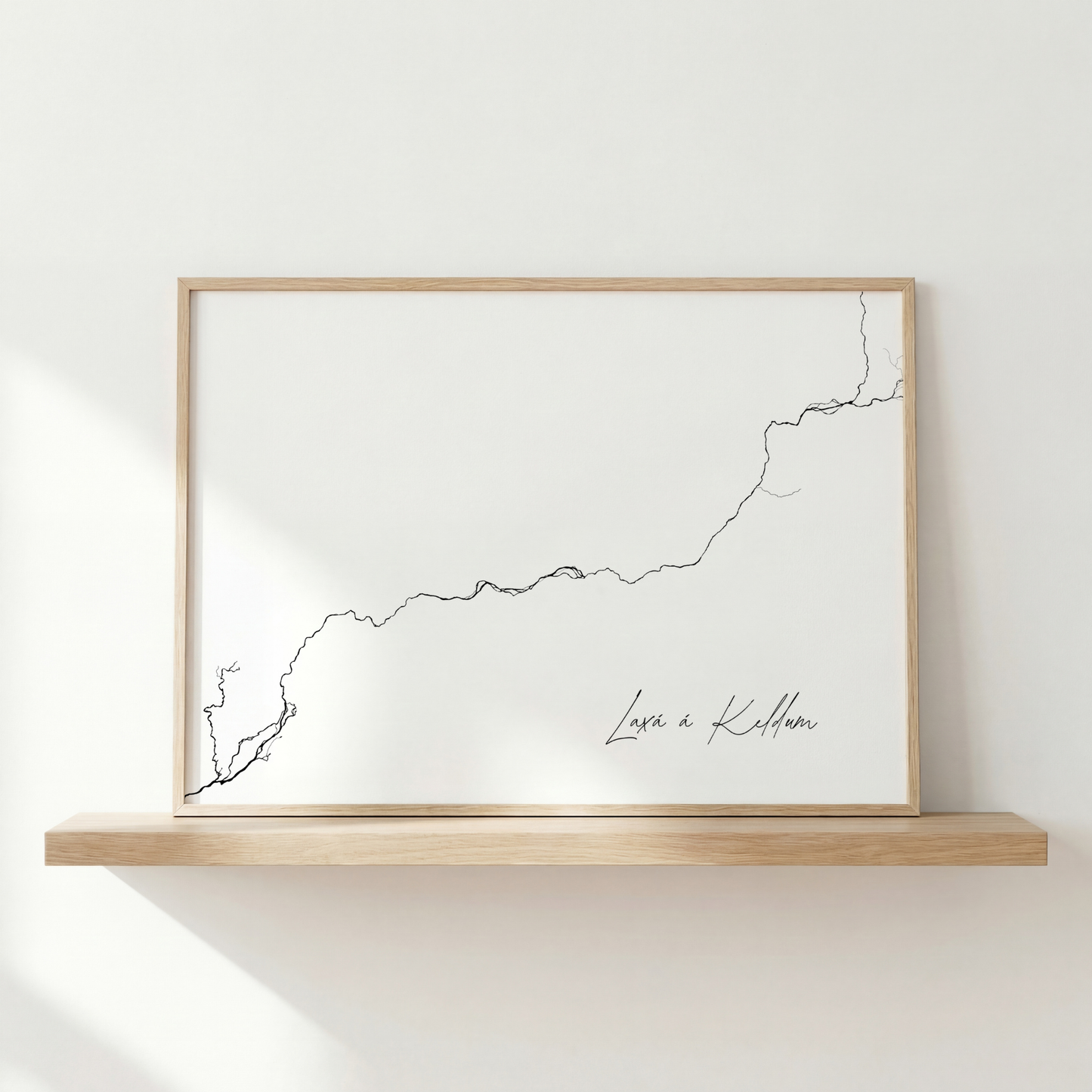 Laxá á Keldum Iceland river art print in oak frame – minimalist wall art line drawing – neutral interior wall – Veidislod