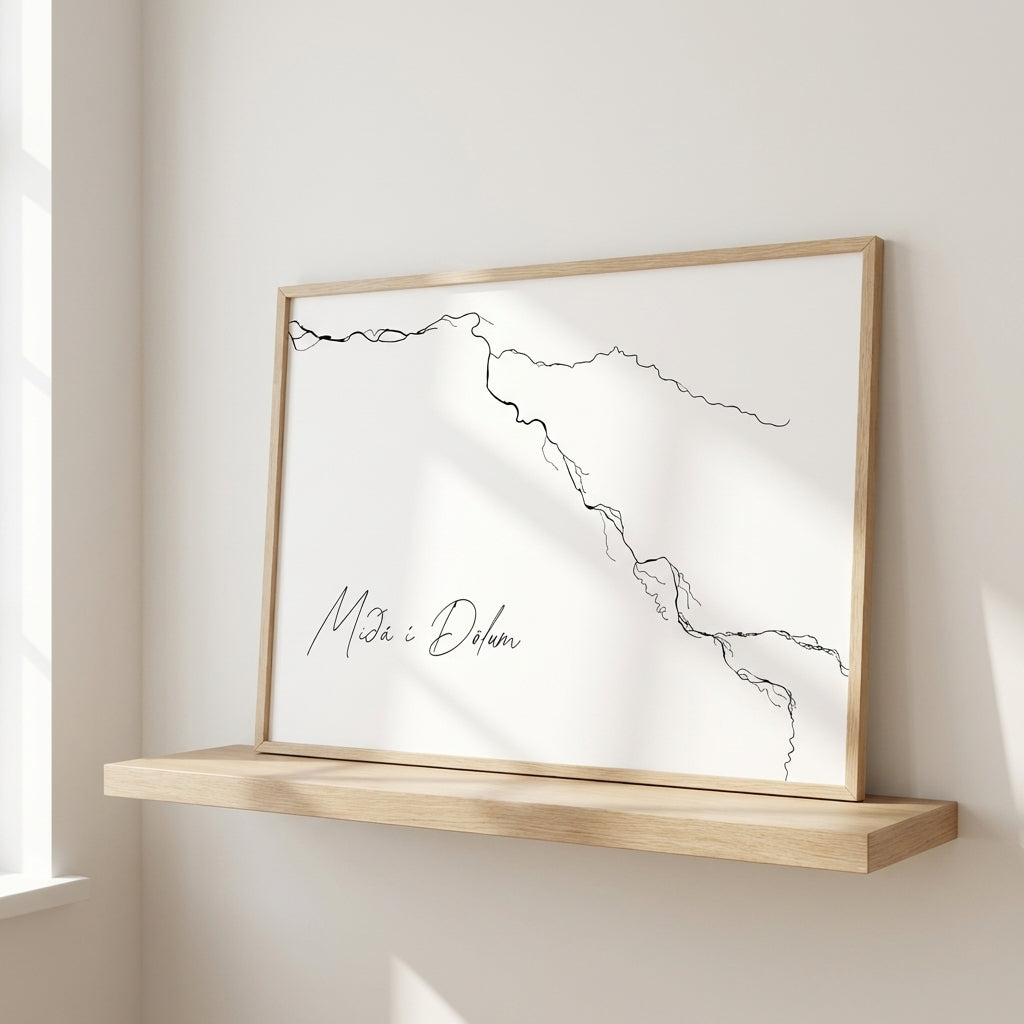 Miðá í Dölum Iceland river art print in oak frame – minimalist line drawing wall art – nordic home decor – Veidislod