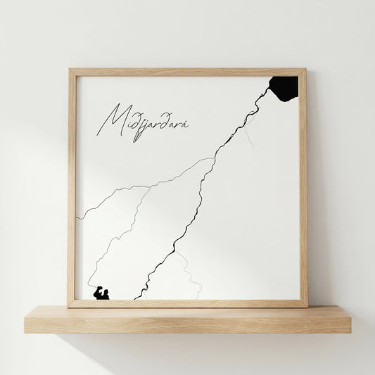 Miðfjarðará í Bakkafirði Iceland river art print in oak frame – minimalist river line artwork – clean interior wall – Veidislod