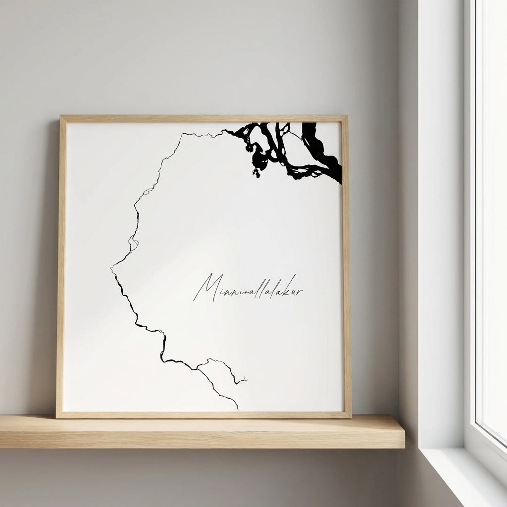 Minnivallalækur Iceland river art print in oak frame – minimalist river artwork – clean nordic styling – Veidislod