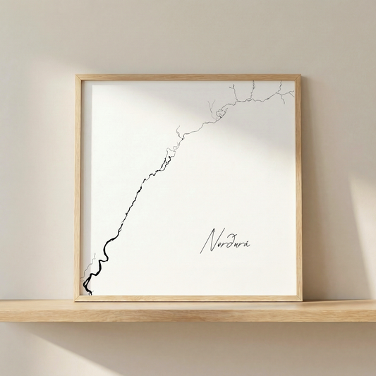 Norðurá Iceland salmon river art print in oak frame – minimalist line drawing wall art – nordic interior design – Veidislod