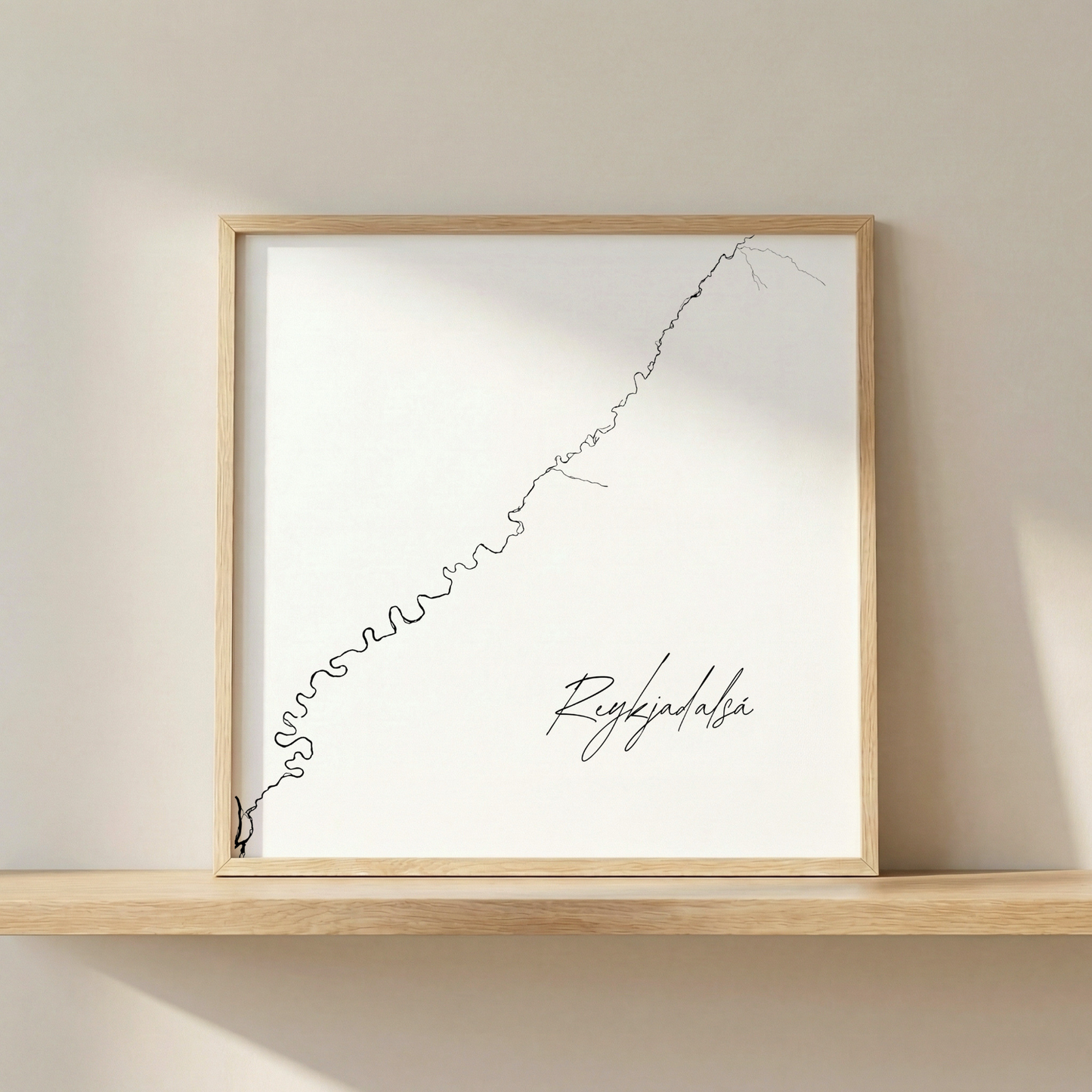 Reykjadalsá í Borgarfirði Iceland river art print in oak frame – minimalist line art wall decor – modern scandinavian interior – Veidislod