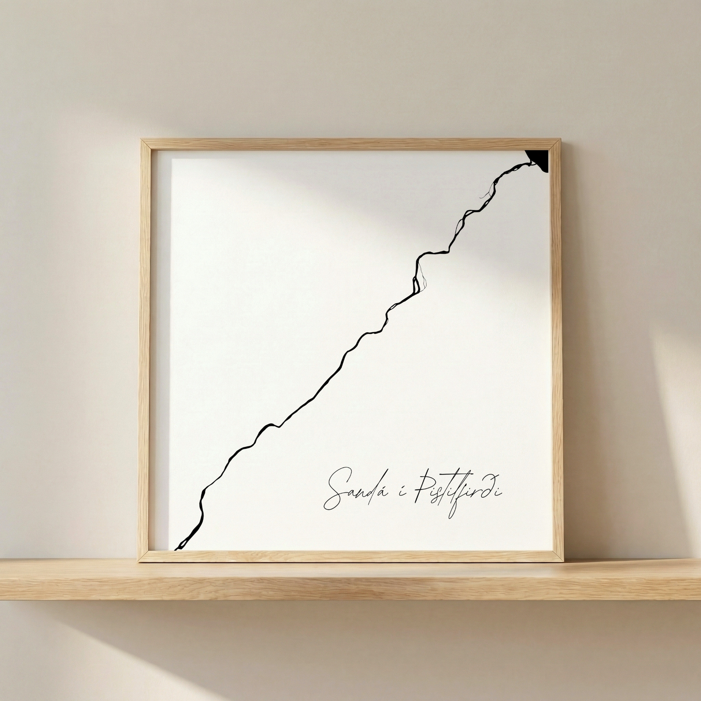 Sandá í Þistilfirði Iceland river art print in oak frame – minimalist river line drawing – clean interior styling – Veidislod