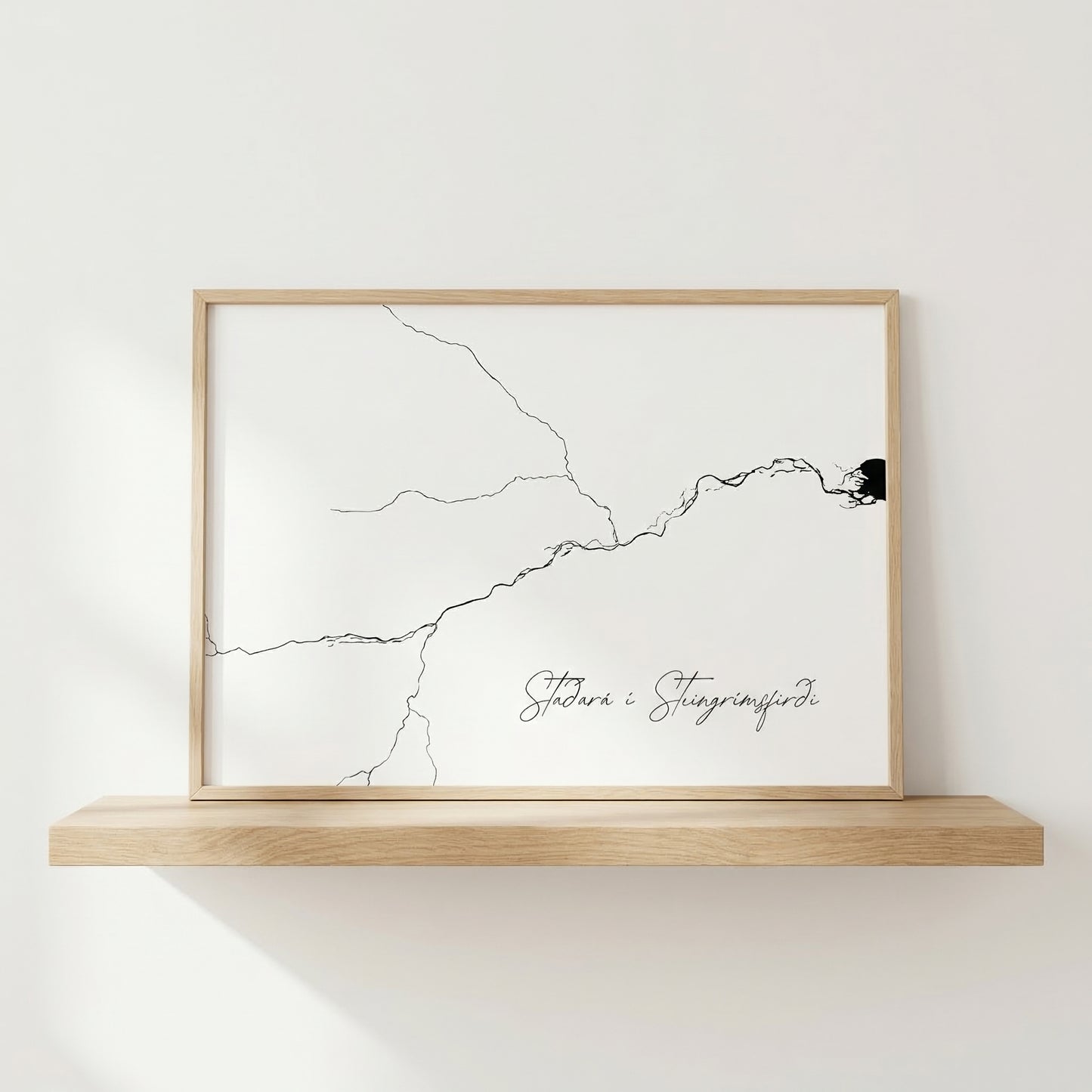 Staðará í Steingrímsfirði Iceland river art print in oak frame – minimalist line drawing wall art – clean studio mockup – Veidislod
