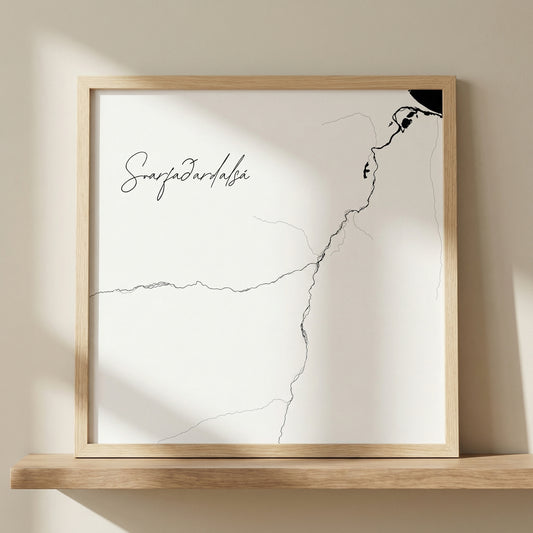 Svarfaðardalsá Iceland river art print in oak frame – minimalist line drawing wall art – nordic home decor – Veidislod