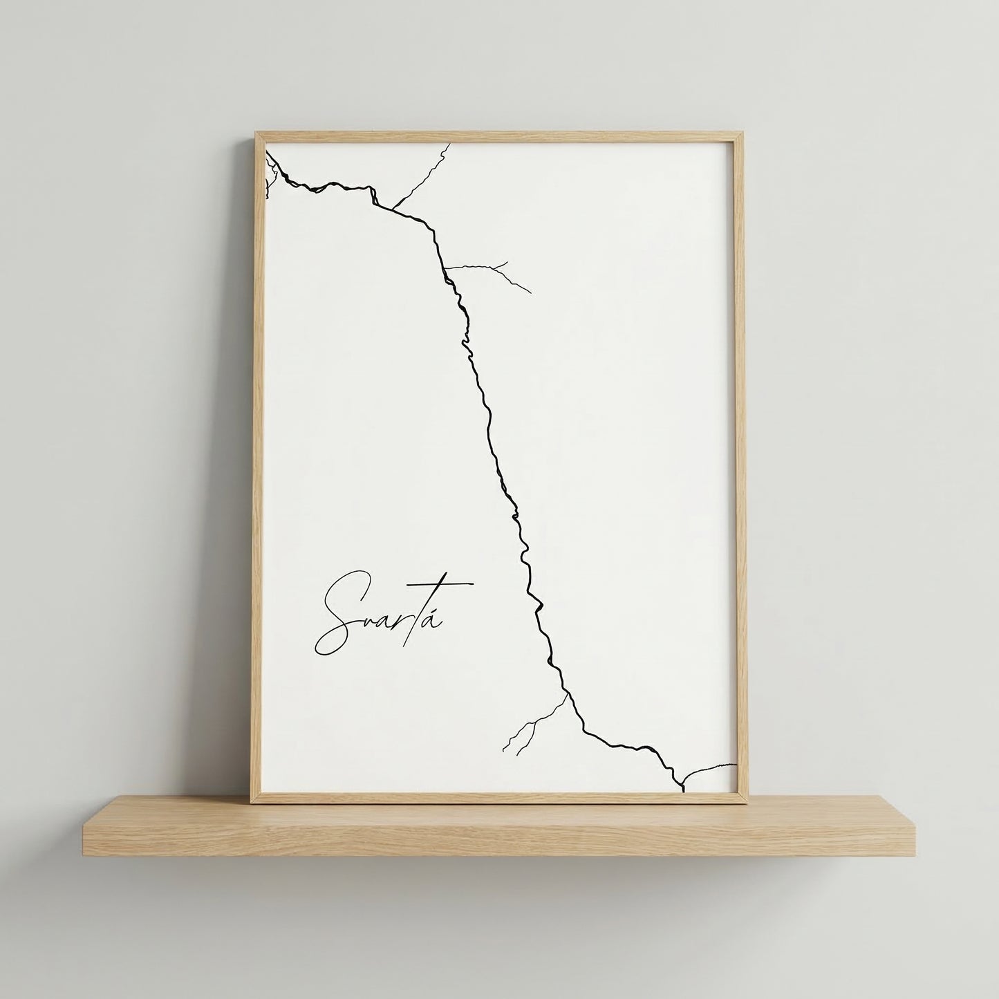 Svartá í Húnavatnssýslu Iceland river art print in oak frame – minimalist river line artwork – clean interior wall – Veidislod