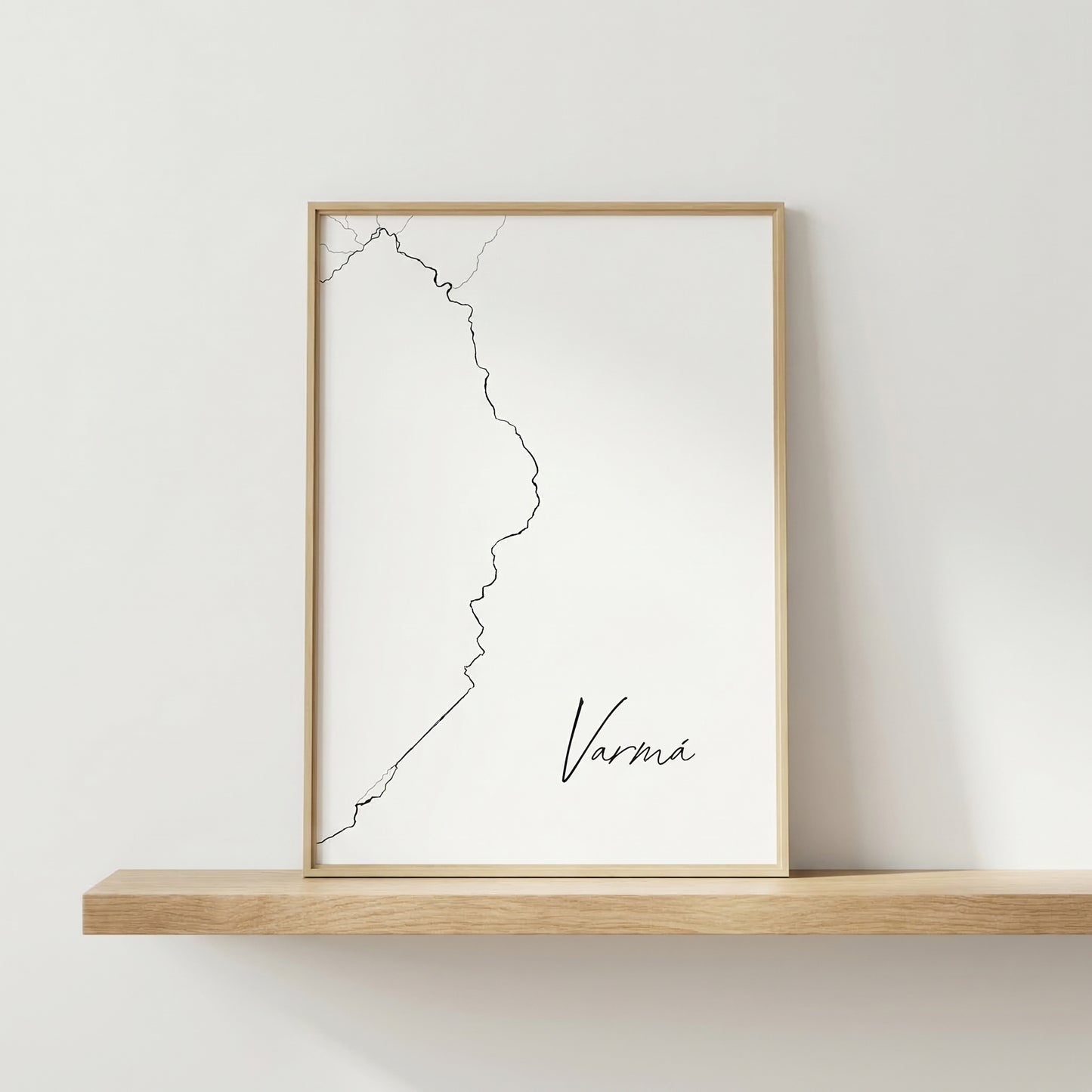 Varmá Iceland river art print in oak frame – minimalist wall art line drawing – clean scandi interior – Veidislod