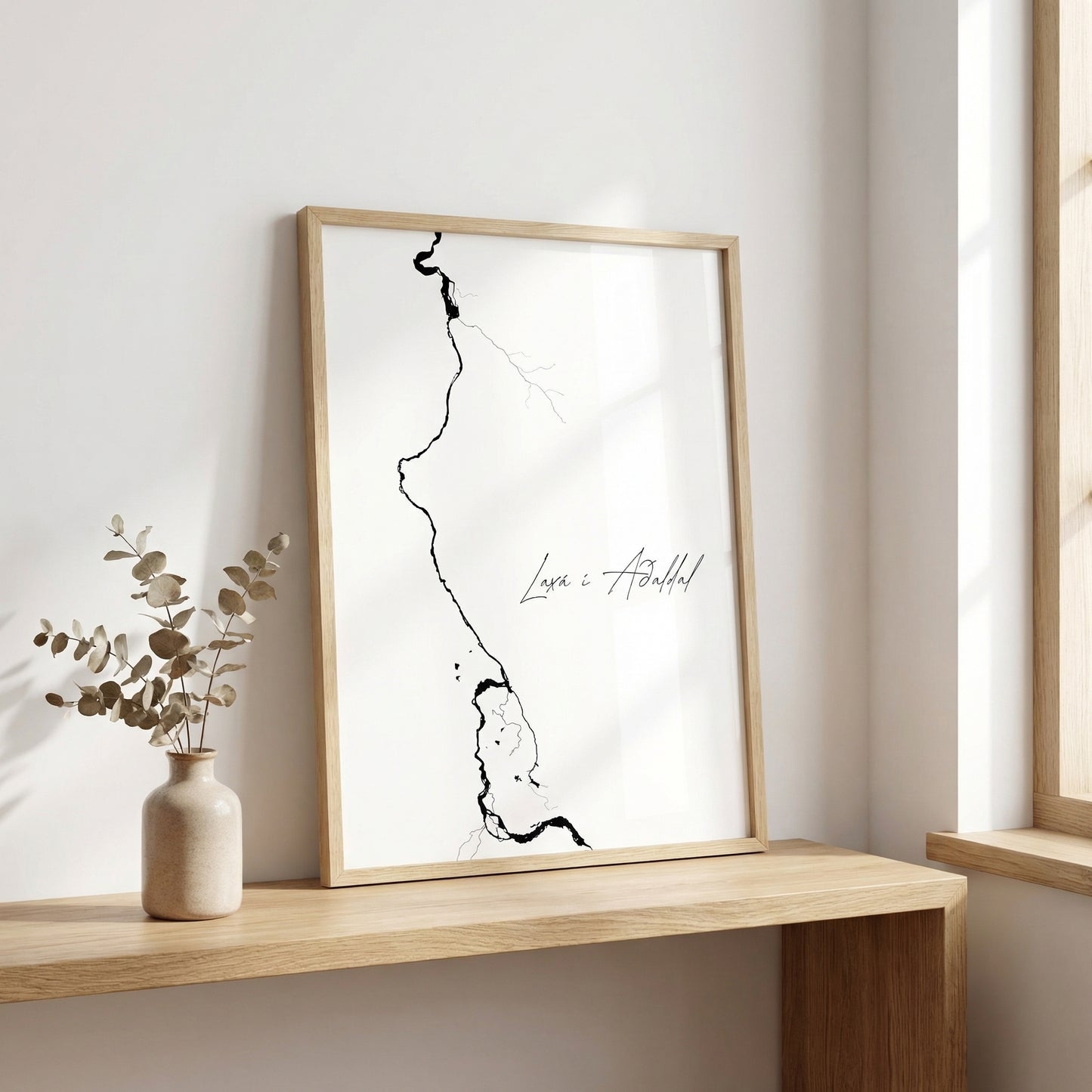 Laxá í Aðaldal Iceland salmon river art print in oak frame – minimalist line drawing wall art – scandinavian design – Veidislod 
Big Laxa