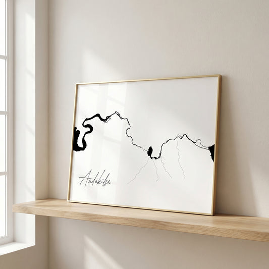 Andakílsá Iceland river art print in oak frame – minimalist line drawing wall art – Scandinavian interior design – Veidislod
