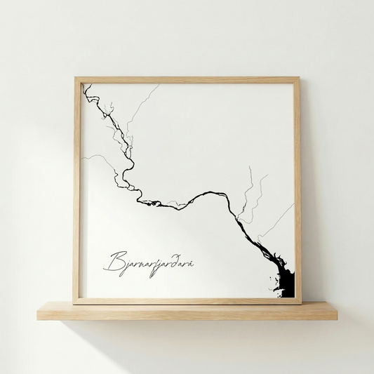 Bjarnarfjarðará Iceland river art print in oak frame – minimalist river line drawing – modern scandinavian interior – Veidislod