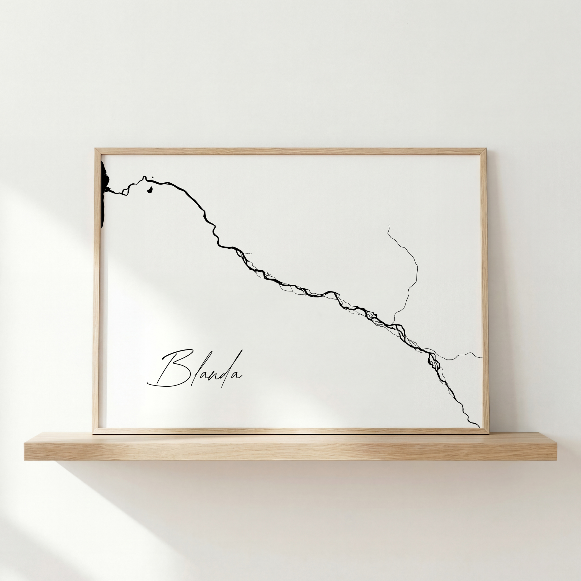 Blanda Iceland river art print in oak frame – minimalist wall art line drawing – clean studio mockup – Veidislod