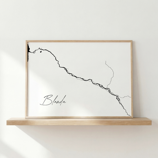 Blanda Iceland river art print in oak frame – minimalist wall art line drawing – clean studio mockup – Veidislod