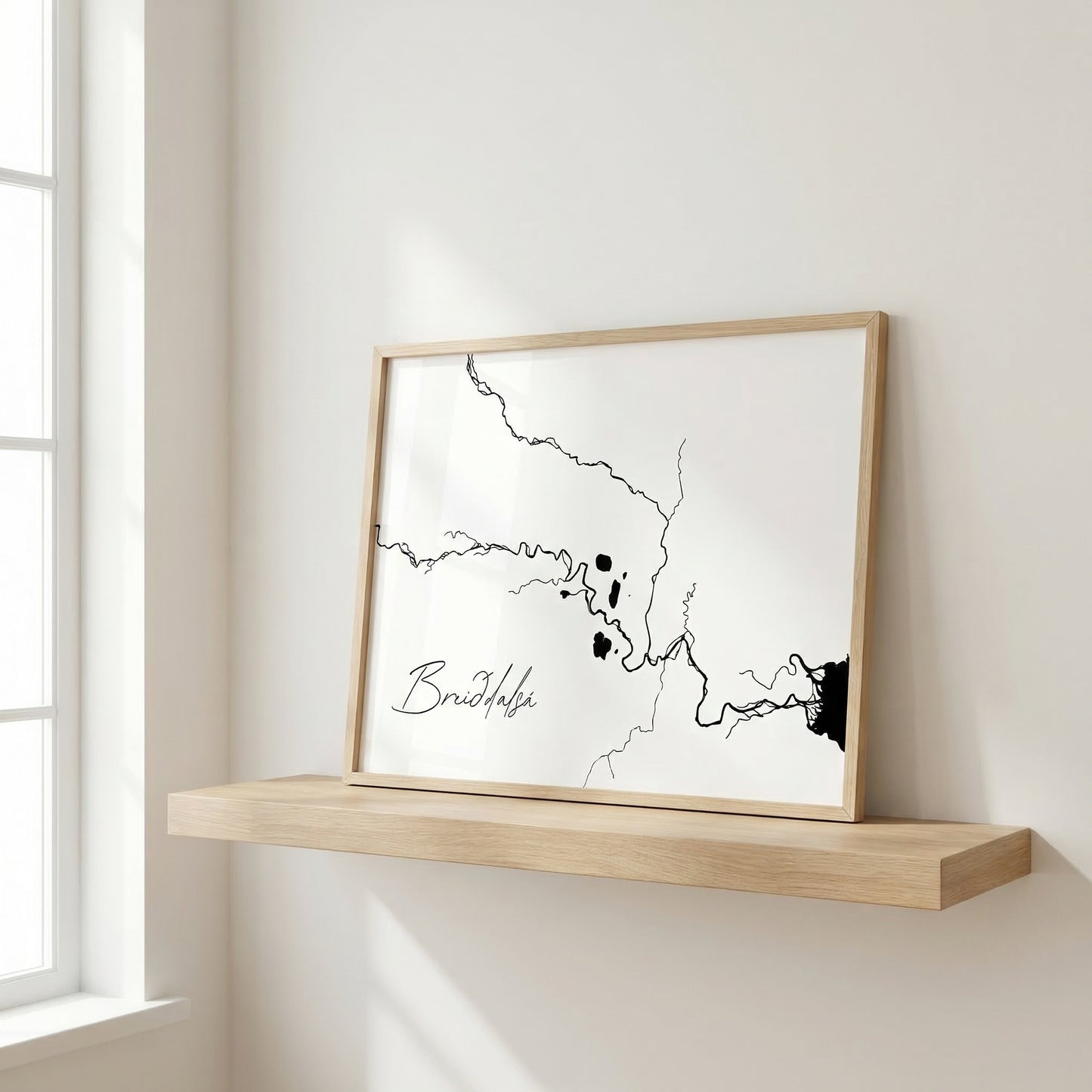 Breiðdalsá Iceland river art print in oak frame – minimalist line drawing wall decor – neutral interior wall mockup – Veidislod