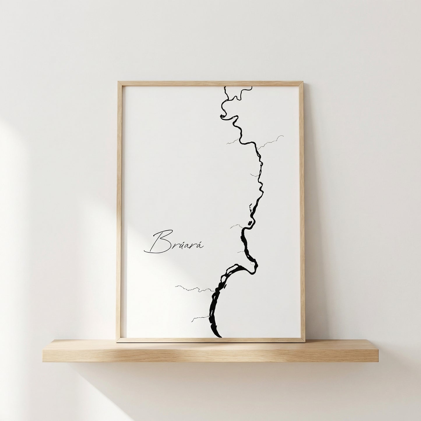 Brúará Iceland river art print in oak frame – minimalist river line art – scandinavian living space – Veidislod