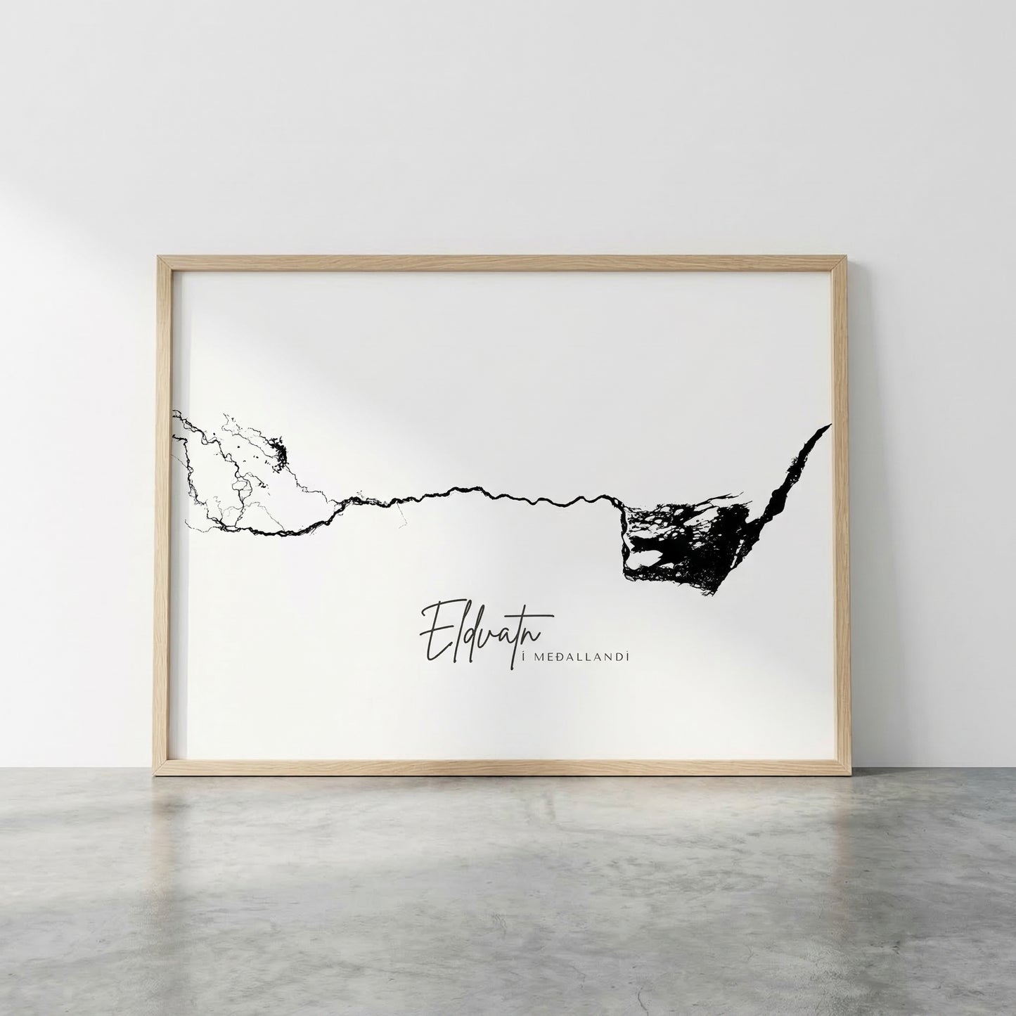 Eldvatn í Meðallandi Iceland river art print in oak frame – minimalist river line drawing – clean studio wall mockup – Veidislod