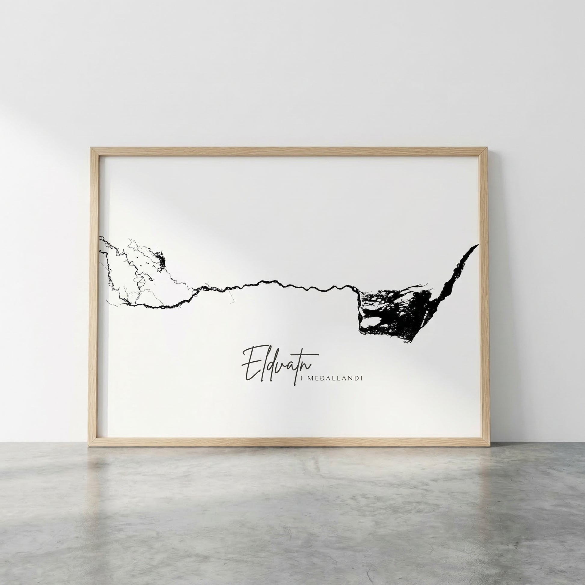 Eldvatn í Meðallandi Iceland river art print in oak frame – minimalist river line drawing – clean studio wall mockup – Veidislod