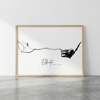 Eldvatn í Meðallandi Iceland river art print in oak frame – minimalist river line drawing – clean studio wall mockup – Veidislod