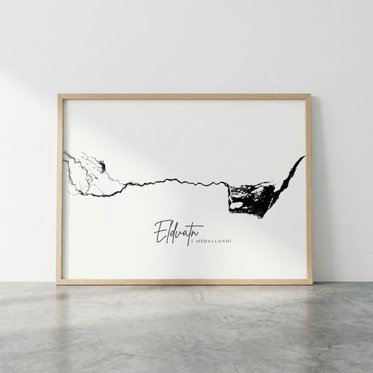 Eldvatn í Meðallandi Iceland river art print in oak frame – minimalist river line drawing – clean studio wall mockup – Veidislod