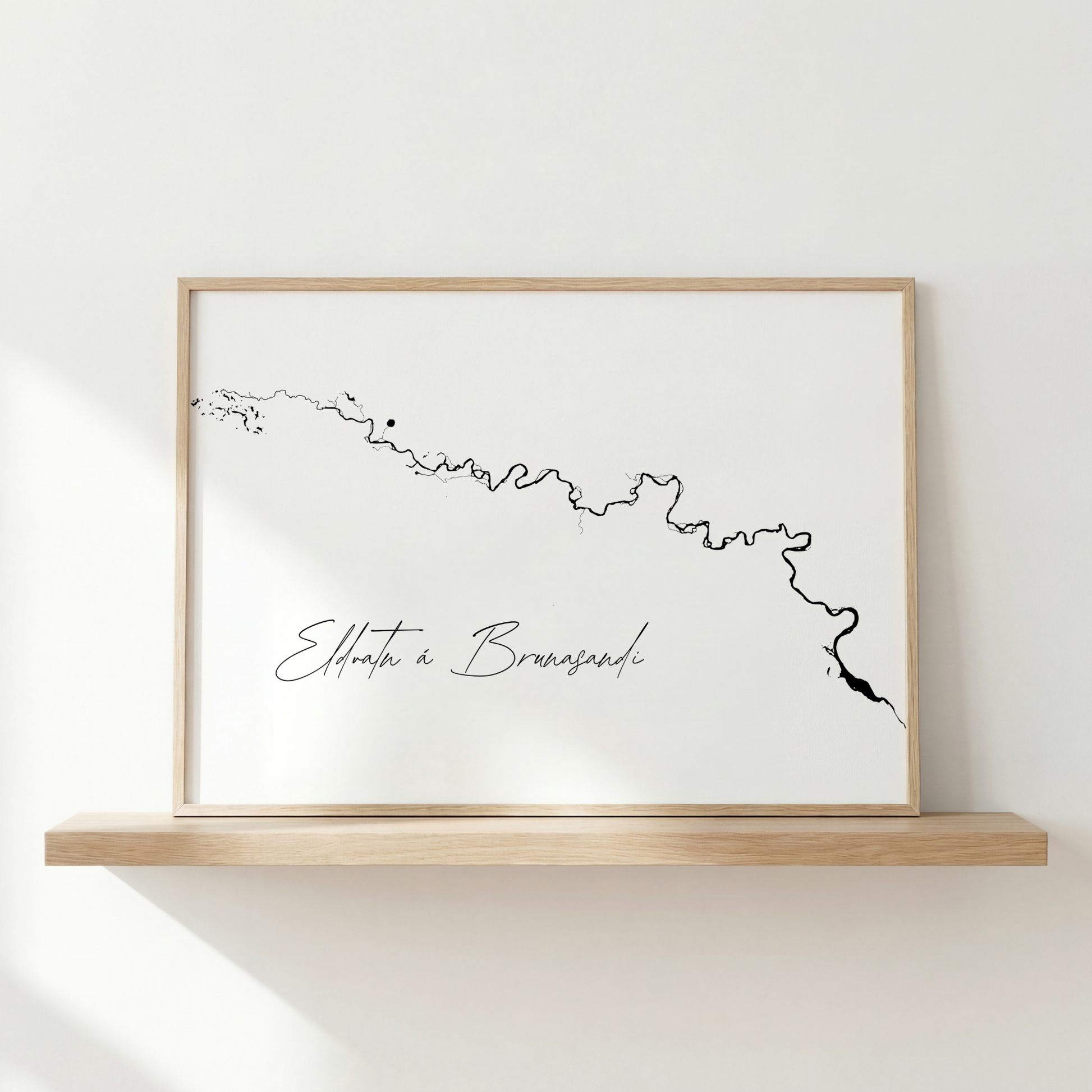 Eldvatn á Brunasandi Iceland river art print in oak frame – minimalist line drawing wall art – nordic home decor – Veidislod