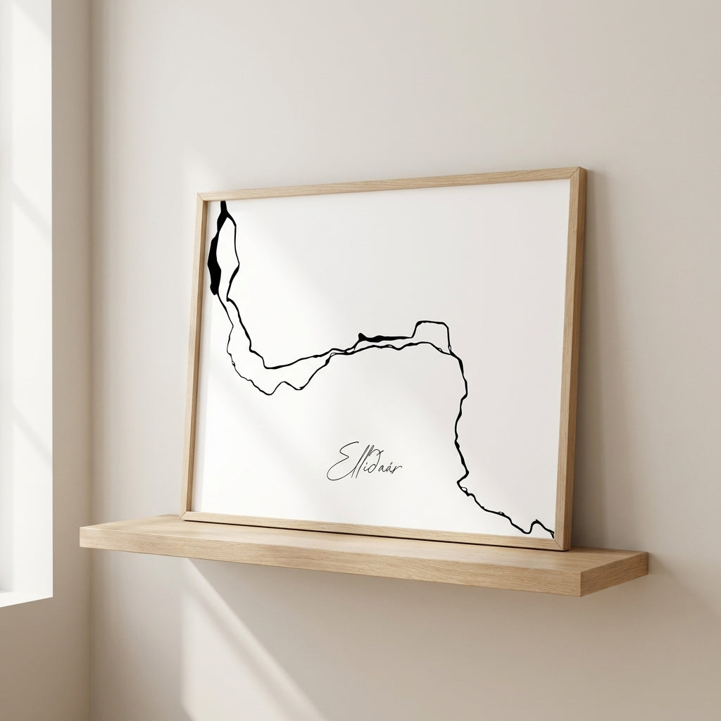 Elliðaár Iceland river art print in oak frame – minimalist line artwork – modern nordic interior – Veidislod