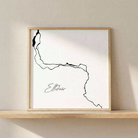Elliðaár Iceland river art print in oak frame – minimalist line artwork – modern nordic interior – Veidislod