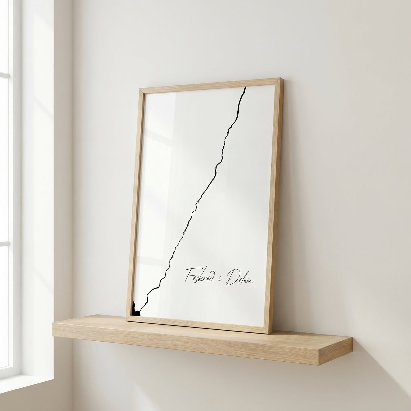 Fáskrúð í Dölum Iceland river art print in oak frame – minimalist river line art – clean scandi interior – Veidislod