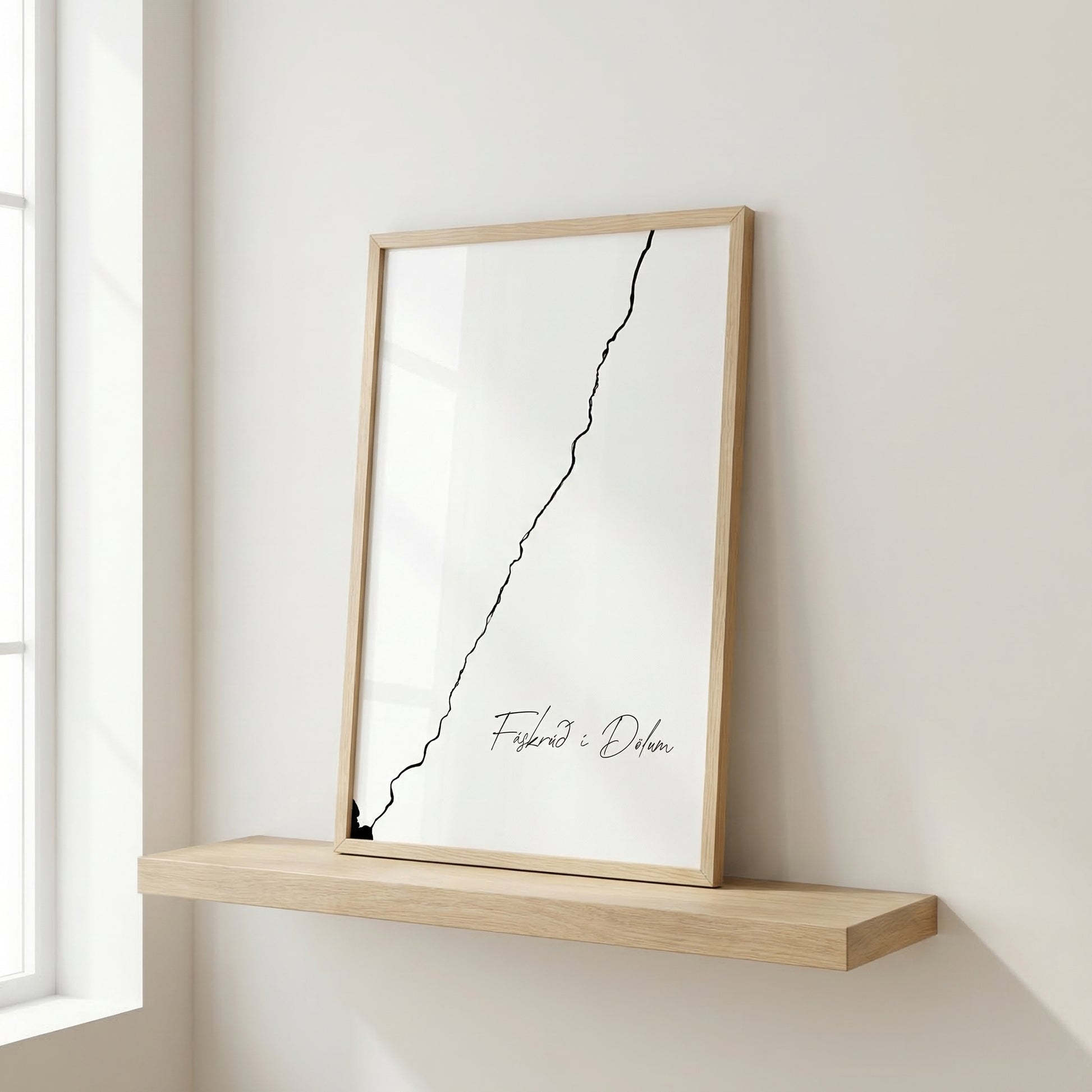 Fáskrúð í Dölum Iceland river art print in oak frame – minimalist river line art – clean scandi interior – Veidislod