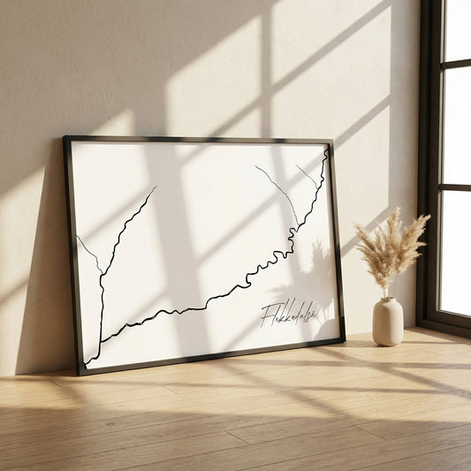 Flekkudalsá Iceland river art print in oak frame – minimalist line drawing wall decor – nordic living space – Veidislod