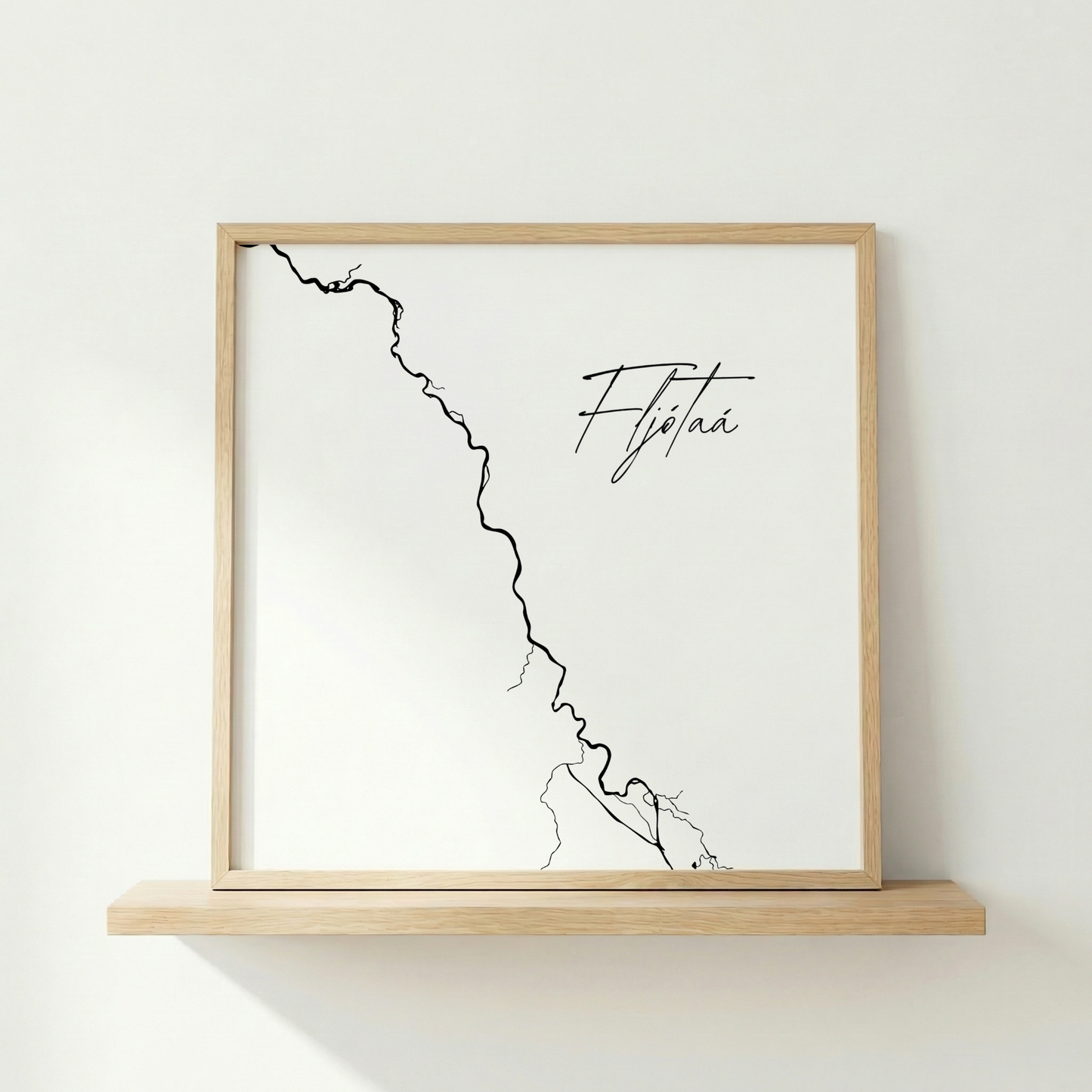 Fljótaá í Fljótum Iceland river art print in oak frame – minimalist river artwork – modern interior wall mockup – Veidislod