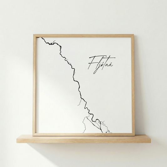 Fljótaá í Fljótum Iceland river art print in oak frame – minimalist river artwork – modern interior wall mockup – Veidislod