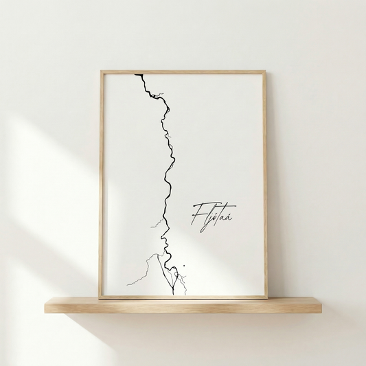 Fljótaá í Fljótum Iceland river art print in oak frame – minimalist river artwork – modern interior wall mockup – Veidislod