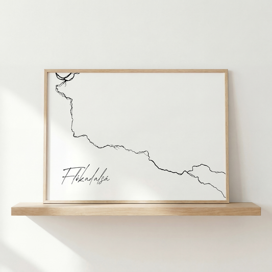 Flókadalsá í Borgarfirði Iceland river art print in oak frame – minimalist line drawing wall art – scandinavian design – Veidislod