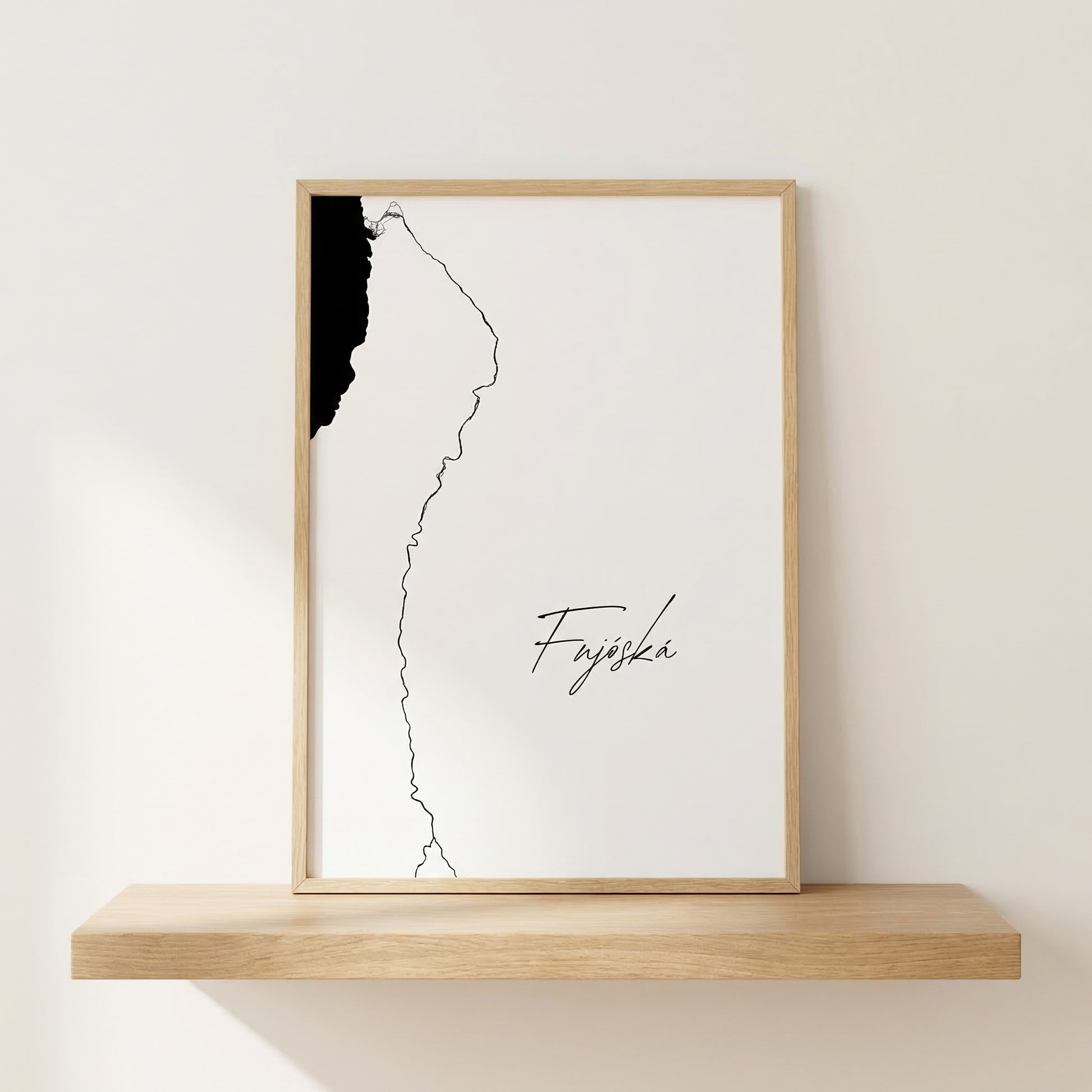 Fnjóská Iceland river art print in oak frame – minimalist river line drawing – nordic home decor – Veidislod