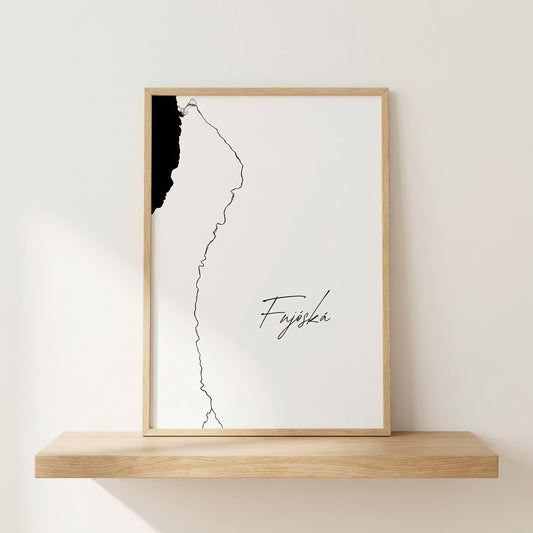 Fnjóská Iceland river art print in oak frame – minimalist river line drawing – nordic home decor – Veidislod