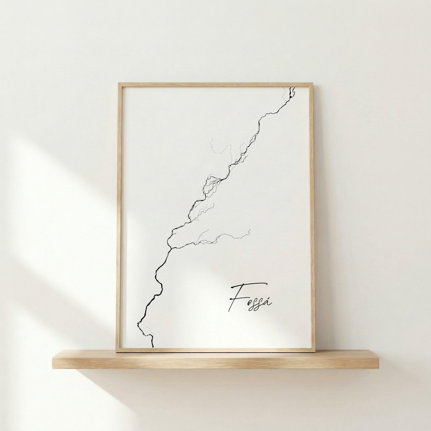 Fossá í Þjórsárdal Iceland river art print in oak frame – minimalist wall art line drawing – clean interior mockup – Veidislod