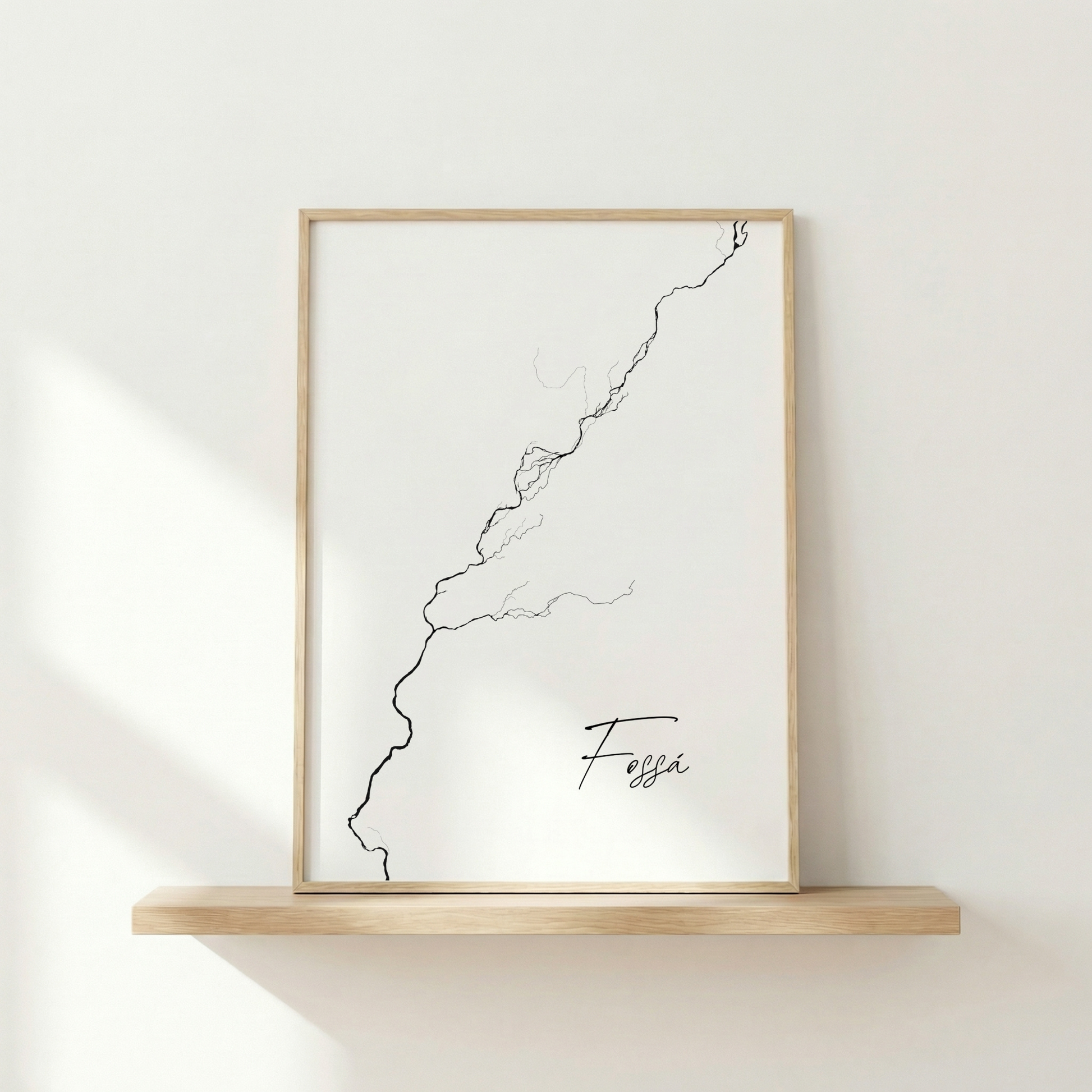 Fossá í Þjórsárdal Iceland river art print in oak frame – minimalist wall art line drawing – clean interior mockup – Veidislod
