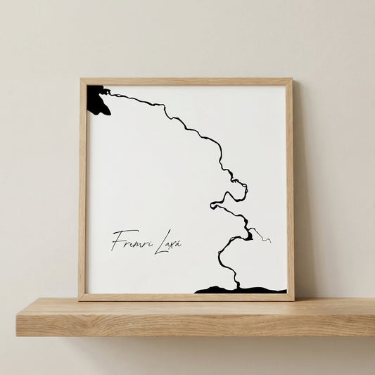 Fremri Laxá Iceland salmon river art print in oak frame – minimalist line drawing wall art – nordic interior design – Veidislod
